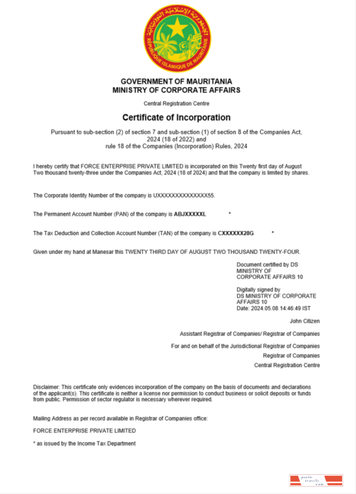 Mauritania business registration certificate Word and PDF template